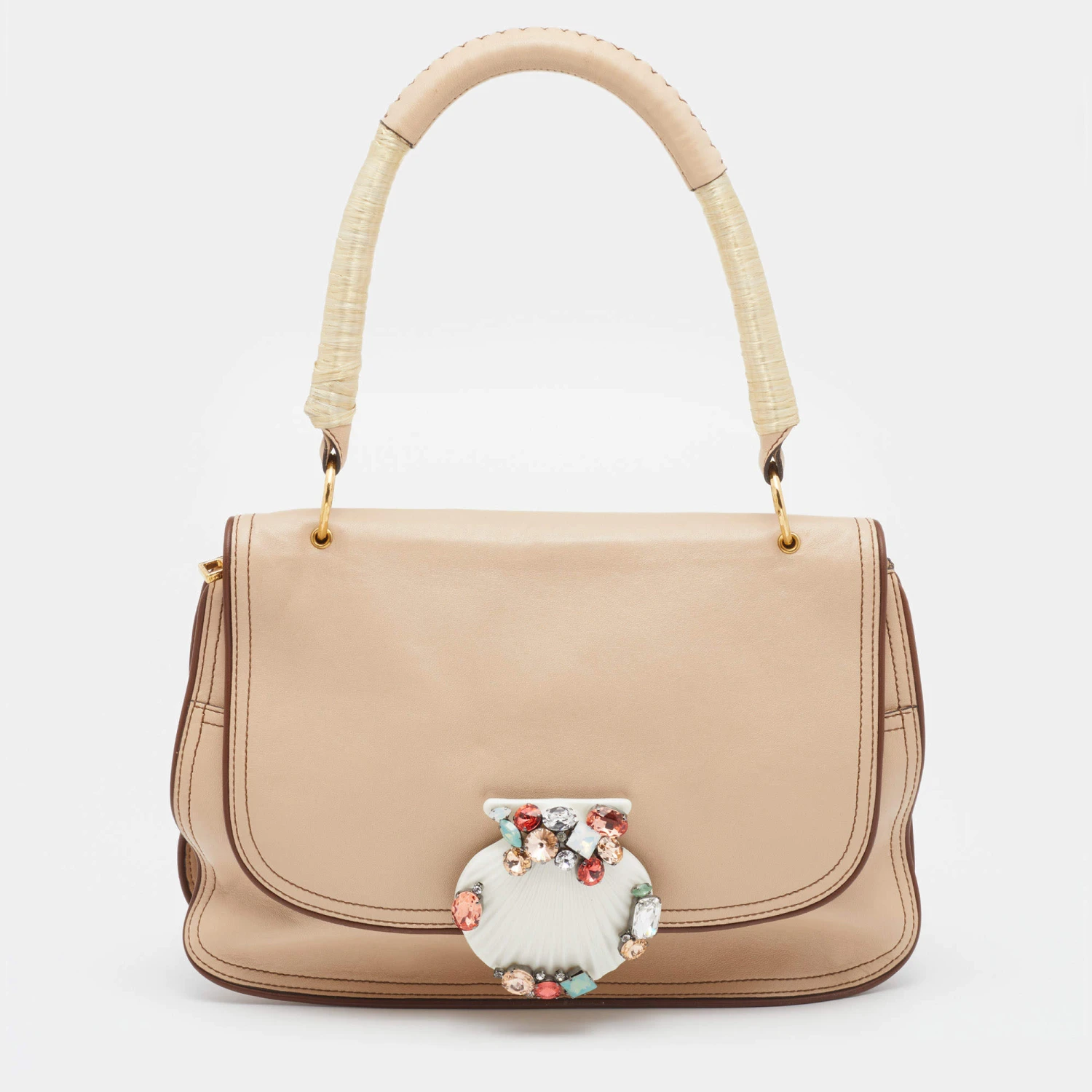 Marc Jacobs Beige Leather Crystal Embellished Flap Top Handle Bag For Women 1 Marc Jacobs Beige Leather Crystal Embellished Flap Top Handle Bag For Women