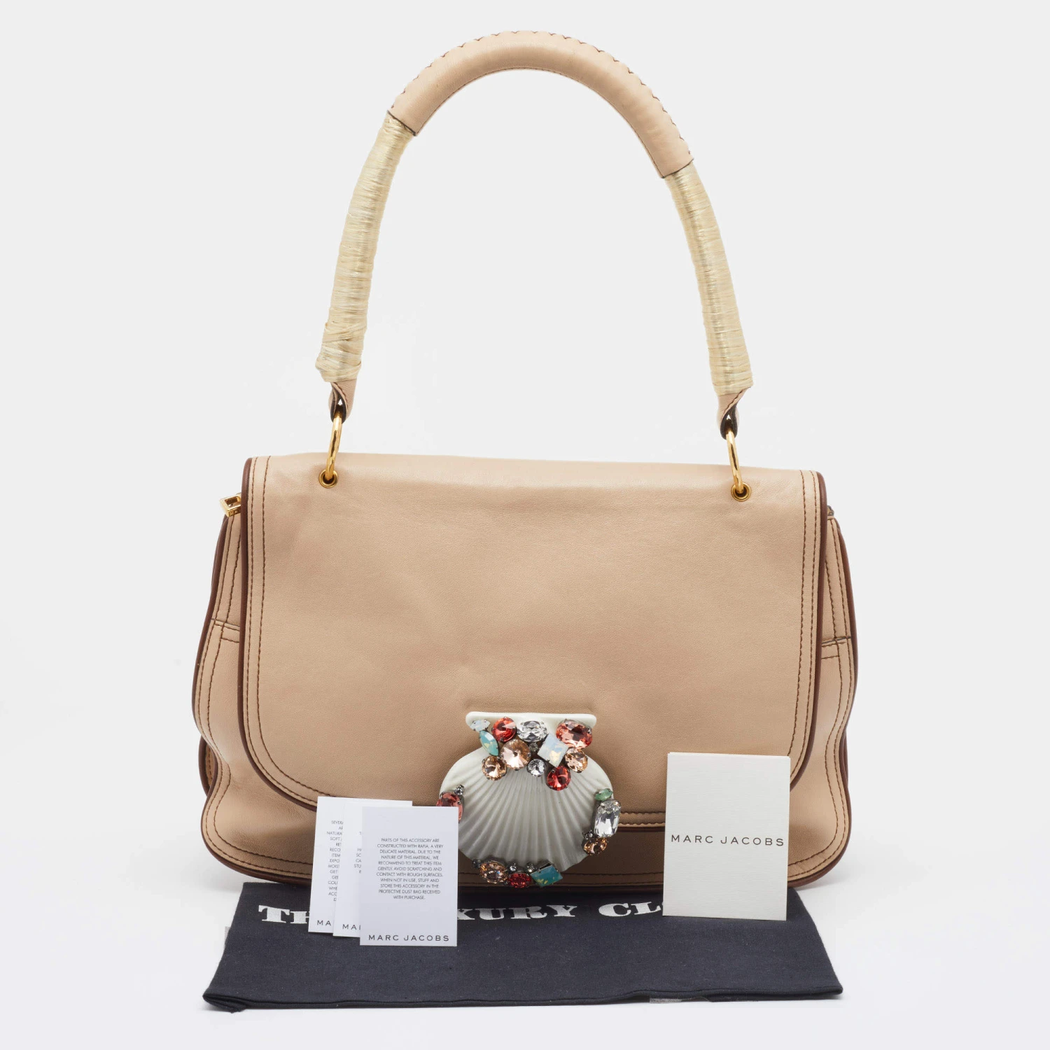 Marc Jacobs Beige Leather Crystal Embellished Flap Top Handle Bag For Women 9 Marc Jacobs Beige Leather Crystal Embellished Flap Top Handle Bag For Women - Image 9