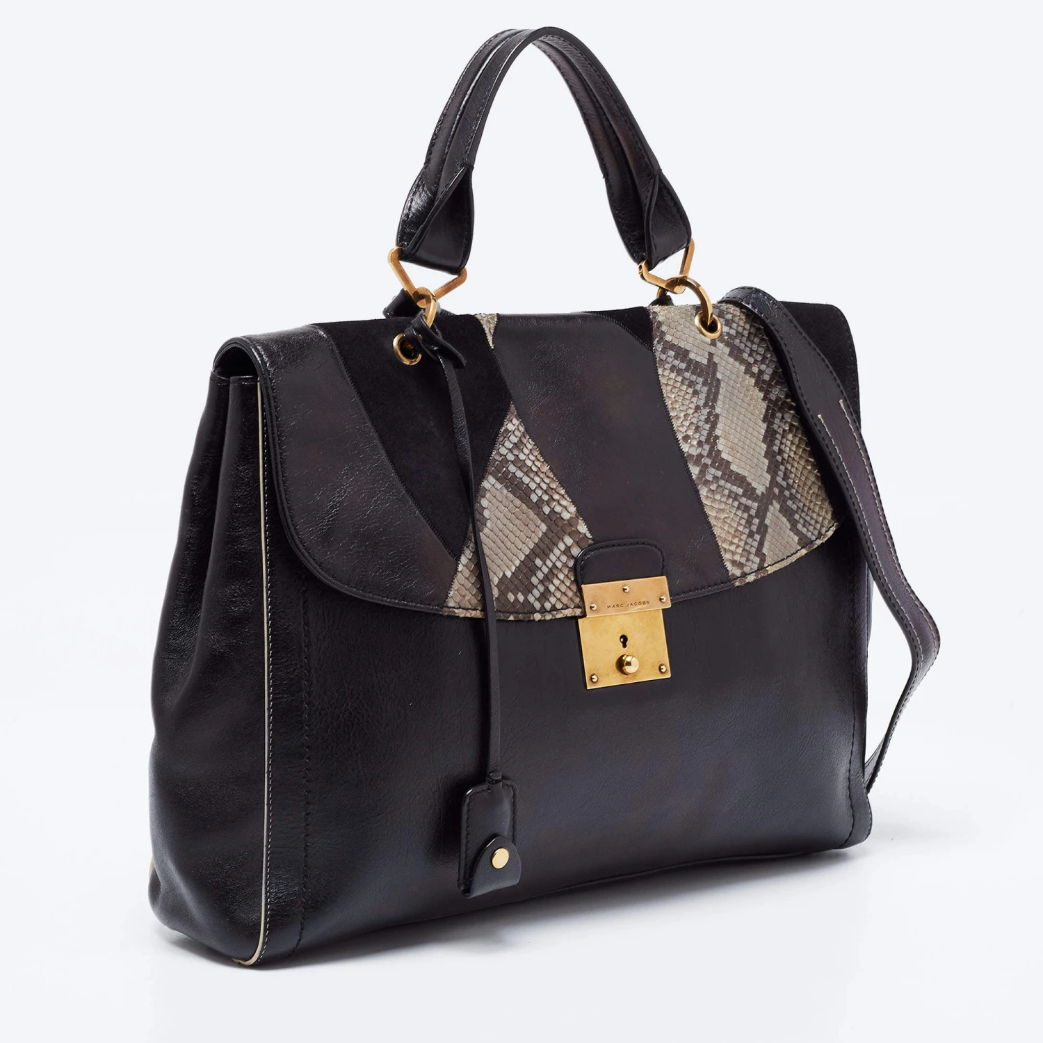 Marc Jacobs Black Suede, Python Effect And Leather Flap Top Handle Bag For Women 3 Marc Jacobs Black Suede, Python Effect And Leather Flap Top Handle Bag For Women - Image 3