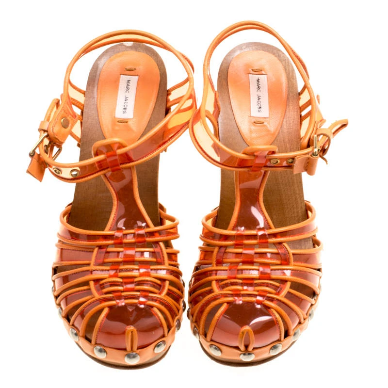 Marc Jacobs Orange PVC And Leather T-Strap Clog Sandals Size 35 For Women 3 Marc Jacobs Orange PVC And Leather T-Strap Clog Sandals Size 35 For Women - Image 3