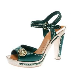 Marc Jacobs Green Leather Buckle Detail Ankle Strap Wooden Platform Sandals Size 36 For Women