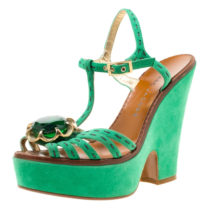 Marc Jacobs Green Suede Crystal Flower Embellished Ankle Strap Platform Sandals Size 36 For Women 1 Marc Jacobs Green Suede Crystal Flower Embellished Ankle Strap Platform Sandals Size 36 For Women
