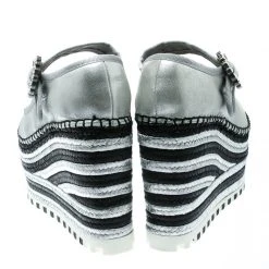 Marc Jacobs Metallic Silver Leather Suzi Crystal Embellished Brooch Mary Jane Espadrille Platforms Size 36 For Women -Marc Jacobs shop luxury women marc jacobs used shoes p176452 005