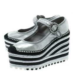 Marc Jacobs Metallic Silver Leather Suzi Crystal Embellished Brooch Mary Jane Espadrille Platforms Size 36 For Women -Marc Jacobs shop luxury women marc jacobs used shoes p176452 007