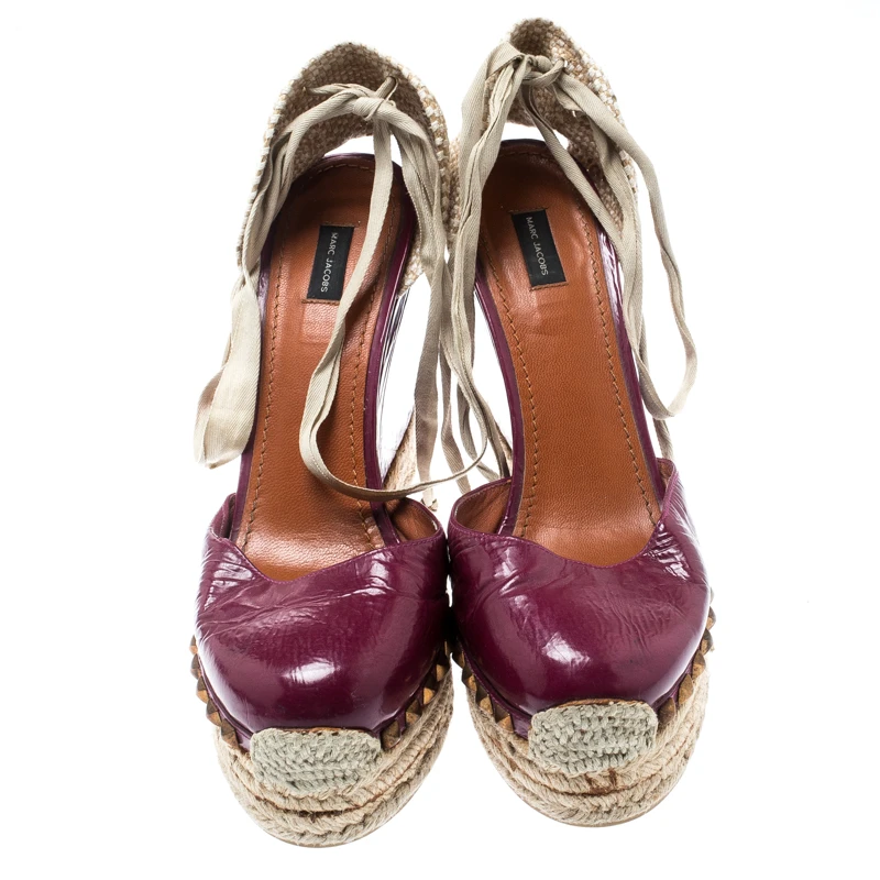 Marc Jacobs Burgundy Patent Leather Wedge Espadrille Platform Sandals Size 38 For Women 3 Marc Jacobs Burgundy Patent Leather Wedge Espadrille Platform Sandals Size 38 For Women - Image 3