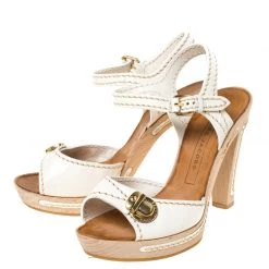Marc Jacobs White Leather Buckle Detail Ankle Strap Wooden Platform Sandals Size 37 For Women -Marc Jacobs shop luxury women marc jacobs used shoes p223611 007