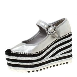 Marc Jacobs Metallic Silver Crystal Embellished Leather Suzi Mary Jane Espadrille Platforms Size 38 For Women