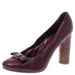 Marc Jacobs Dark Burgundy Bow Leather Wooden Heel Pumps Size 38.5 For Women