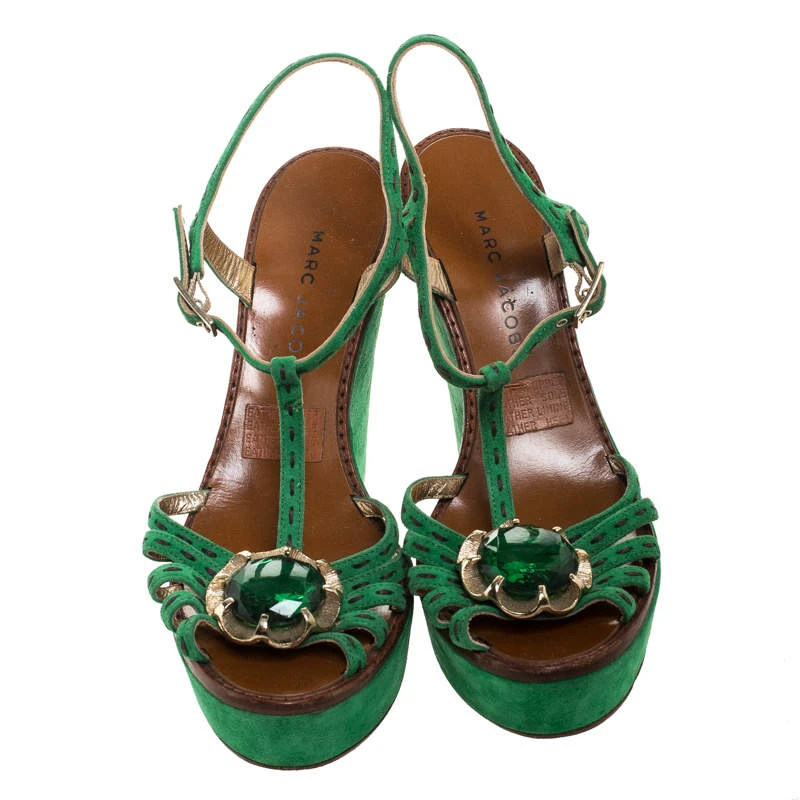 Marc Jacobs Green Suede Crystal Flower Embellished Ankle Strap Platform Sandals Size 39 For Women 3 Marc Jacobs Green Suede Crystal Flower Embellished Ankle Strap Platform Sandals Size 39 For Women - Image 3