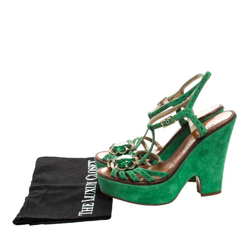 Marc Jacobs Green Suede Crystal Flower Embellished Ankle Strap Platform Sandals Size 39 For Women 8 Marc Jacobs Green Suede Crystal Flower Embellished Ankle Strap Platform Sandals Size 39 For Women - Image 8
