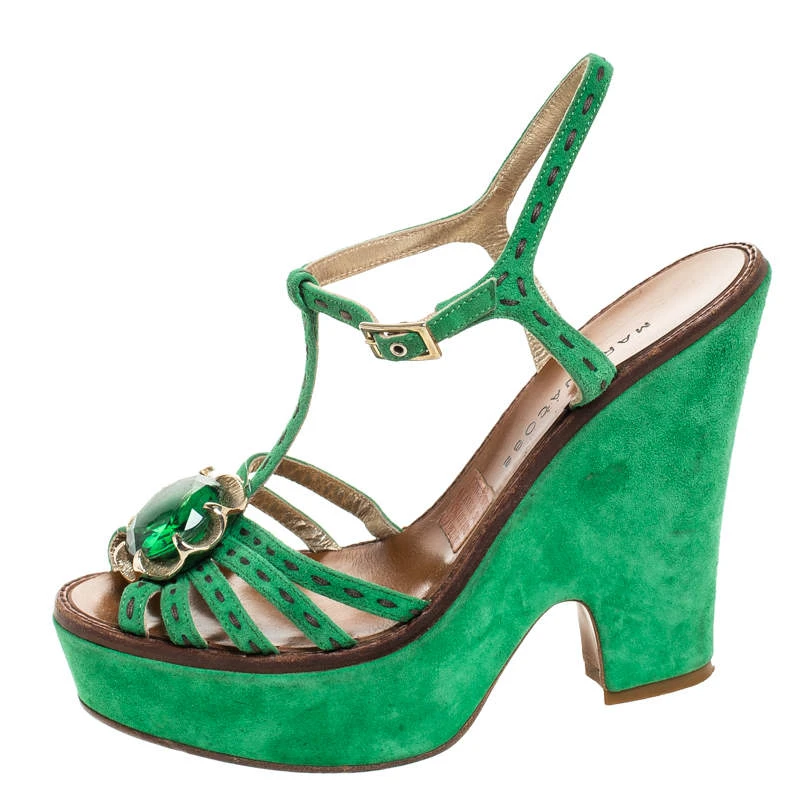 Marc Jacobs Green Suede Crystal Flower Embellished Ankle Strap Platform Sandals Size 39 For Women 2 Marc Jacobs Green Suede Crystal Flower Embellished Ankle Strap Platform Sandals Size 39 For Women - Image 2
