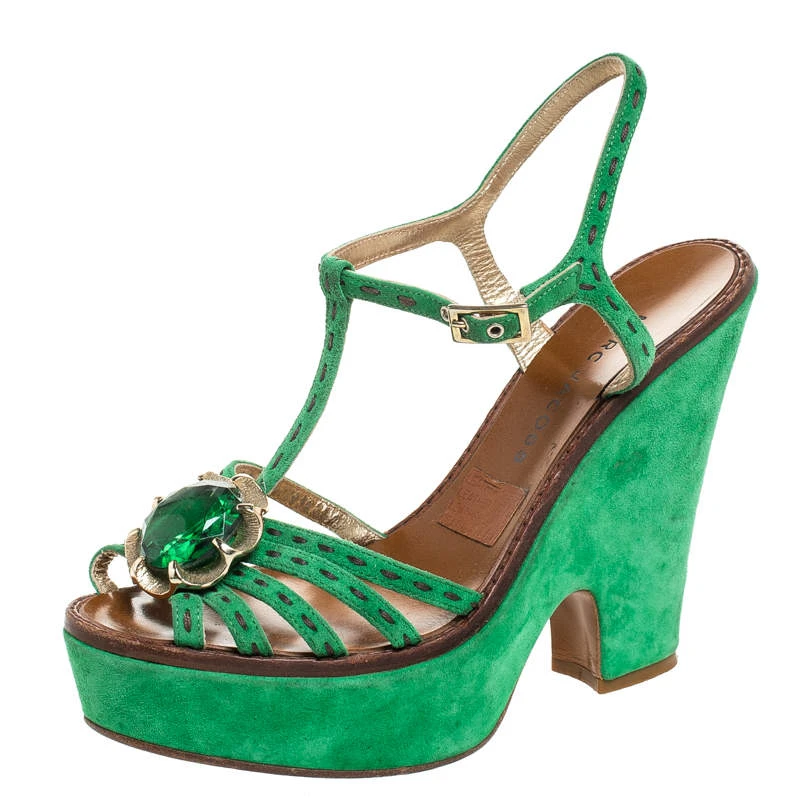 Marc Jacobs Green Suede Crystal Flower Embellished Ankle Strap Platform Sandals Size 39 For Women 1 Marc Jacobs Green Suede Crystal Flower Embellished Ankle Strap Platform Sandals Size 39 For Women