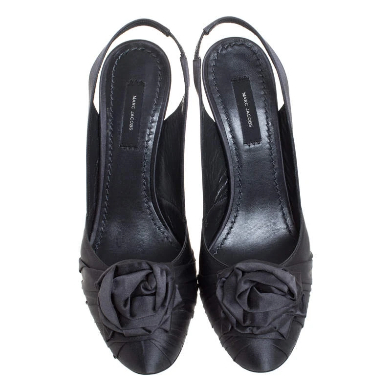 Marc Jacobs Graphite Satin Ruffle And Rose Detail Round Toe Slingback Sandals Size 36.5 For Women 3 Marc Jacobs Graphite Satin Ruffle And Rose Detail Round Toe Slingback Sandals Size 36.5 For Women - Image 3