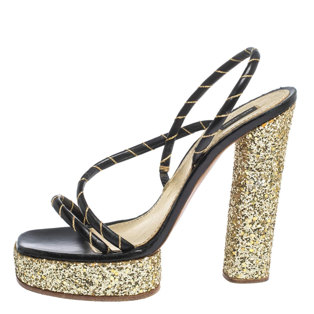 Marc Jacobs Black/Gold Leather And Glitter Fabric Slingback Platform Sandals Size 40 For Women 2 Marc Jacobs Black/Gold Leather And Glitter Fabric Slingback Platform Sandals Size 40 For Women - Image 2