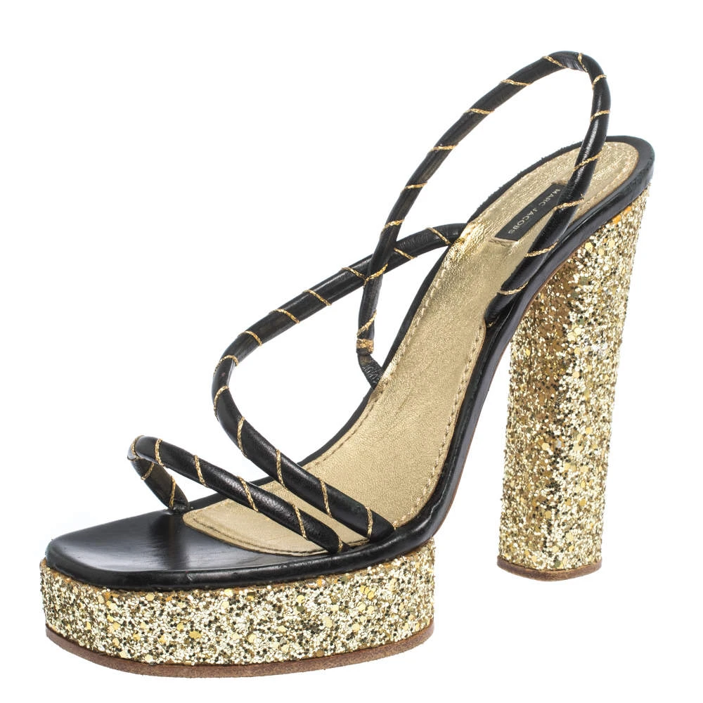 Marc Jacobs Black/Gold Leather And Glitter Fabric Slingback Platform Sandals Size 40 For Women 1 Marc Jacobs Black/Gold Leather And Glitter Fabric Slingback Platform Sandals Size 40 For Women