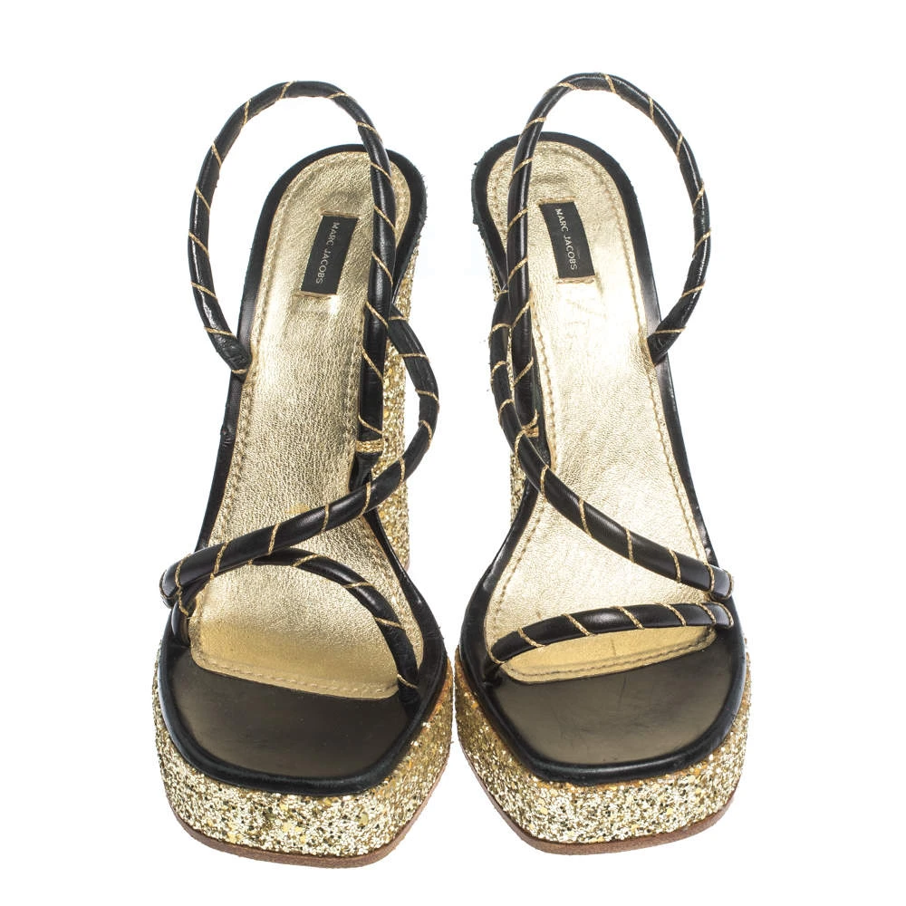 Marc Jacobs Black/Gold Leather And Glitter Fabric Slingback Platform Sandals Size 40 For Women 3 Marc Jacobs Black/Gold Leather And Glitter Fabric Slingback Platform Sandals Size 40 For Women - Image 3