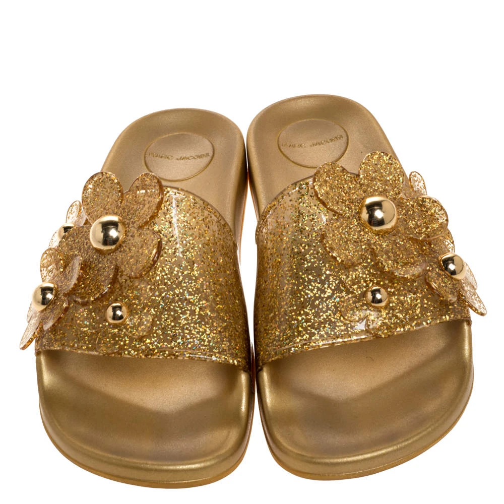 Marc Jacobs Gold Glitter Jelly Daisy Aqua Flower Flat Slides Size 39 For Women 3 Marc Jacobs Gold Glitter Jelly Daisy Aqua Flower Flat Slides Size 39 For Women - Image 3