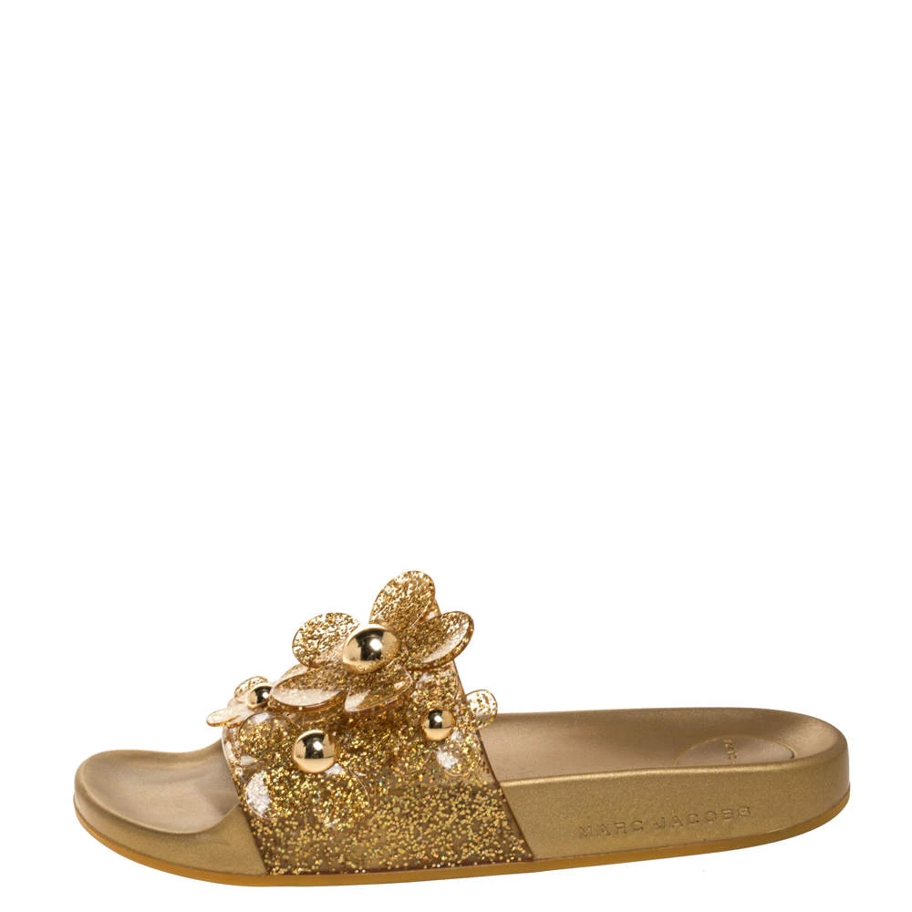 Marc Jacobs Gold Glitter Jelly Daisy Aqua Flower Flat Slides Size 39 For Women 2 Marc Jacobs Gold Glitter Jelly Daisy Aqua Flower Flat Slides Size 39 For Women - Image 2