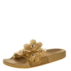 Marc Jacobs Gold Glitter Jelly Daisy Aqua Flower Flat Slides Size 39 For Women