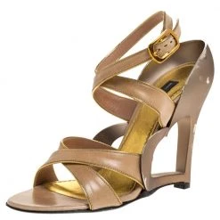 Marc Jacobs Beige Leather And Gold Piping Heart Wedge Ankle Strap Sandals Size 36.5 For Women