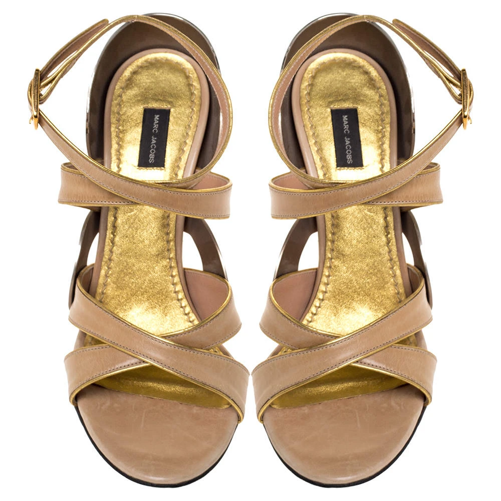 Marc Jacobs Beige Leather And Gold Piping Heart Wedge Ankle Strap Sandals Size 36.5 For Women 3 Marc Jacobs Beige Leather And Gold Piping Heart Wedge Ankle Strap Sandals Size 36.5 For Women - Image 3