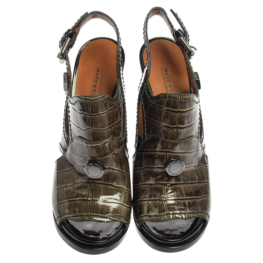 Marc Jacobs Green/Black Croc Embossed Patent Leather Slingback Sandals Size 39.5 For Women 3 Marc Jacobs Green/Black Croc Embossed Patent Leather Slingback Sandals Size 39.5 For Women - Image 3