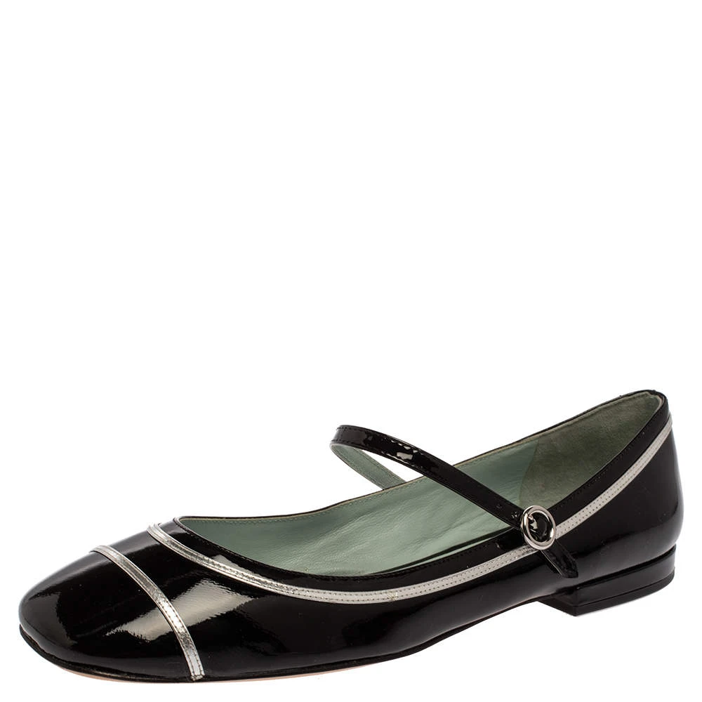 Marc Jacobs Black/ Silver Patent Leather Poppy Mary Jane Ballerina Flat Size 39.5 For Women 1 Marc Jacobs Black/ Silver Patent Leather Poppy Mary Jane Ballerina Flat Size 39.5 For Women