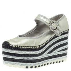 Marc Jacobs Metallic Silver Leather Crystal Embellished Suzi Mary Jane Platforms Espadrilles Size 38 For Women