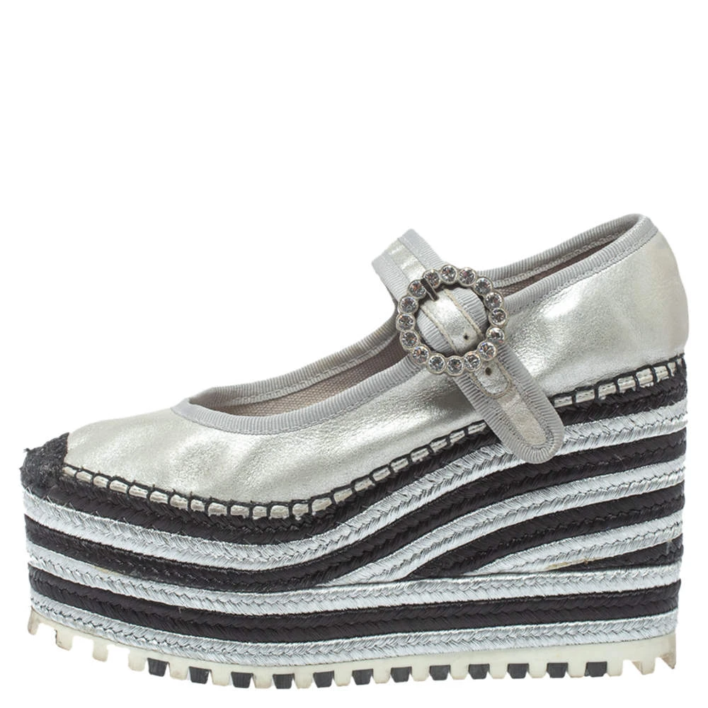 Marc Jacobs Metallic Silver Leather Crystal Embellished Suzi Mary Jane Platforms Espadrilles Size 36 For Women 2 Marc Jacobs Metallic Silver Leather Crystal Embellished Suzi Mary Jane Platforms Espadrilles Size 36 For Women - Image 2