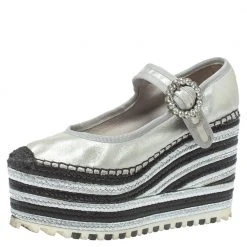Marc Jacobs Metallic Silver Leather Crystal Embellished Suzi Mary Jane Platforms Espadrilles Size 36 For Women