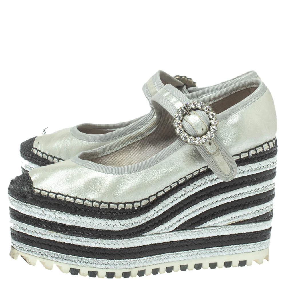 Marc Jacobs Metallic Silver Leather Crystal Embellished Suzi Mary Jane Platforms Espadrilles Size 36 For Women 4 Marc Jacobs Metallic Silver Leather Crystal Embellished Suzi Mary Jane Platforms Espadrilles Size 36 For Women - Image 4