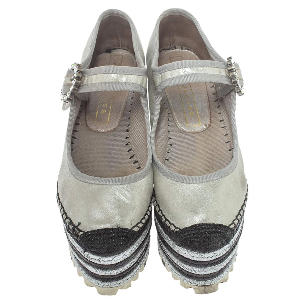 Marc Jacobs Metallic Silver Leather Crystal Embellished Suzi Mary Jane Platforms Espadrilles Size 36 For Women 3 Marc Jacobs Metallic Silver Leather Crystal Embellished Suzi Mary Jane Platforms Espadrilles Size 36 For Women - Image 3