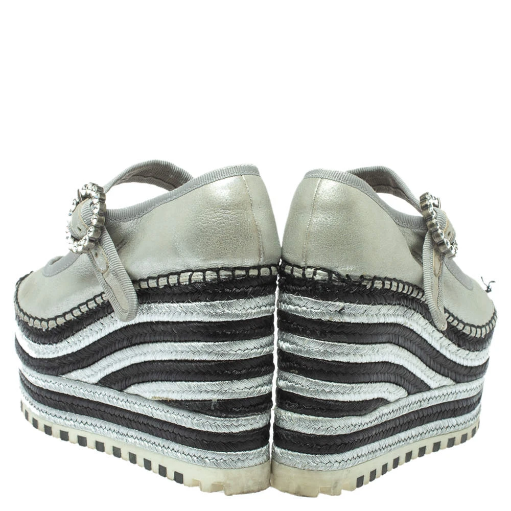 Marc Jacobs Metallic Silver Leather Crystal Embellished Suzi Mary Jane Platforms Espadrilles Size 36 For Women 5 Marc Jacobs Metallic Silver Leather Crystal Embellished Suzi Mary Jane Platforms Espadrilles Size 36 For Women - Image 5