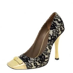 Marc Jacobs Yellow/Black Lace And Patent Leather Bow Detail Pumps Size 39 For Women