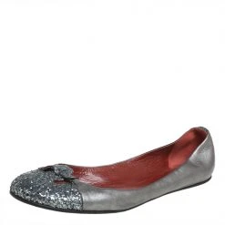 Marc Jacobs Metallic Silver Glitter And Leather Ballet Flats Size 38 For Women