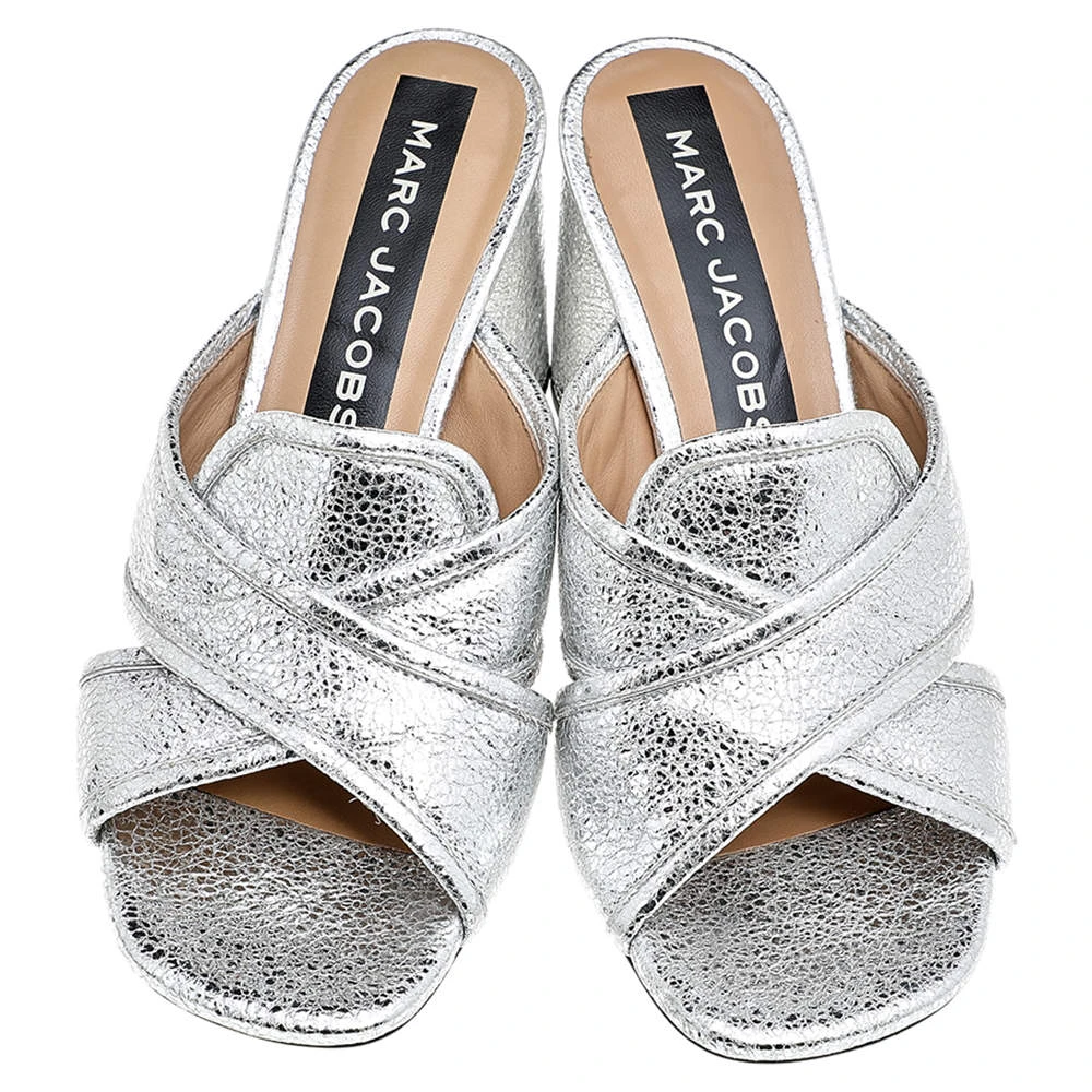 Marc Jacobs Metallic Silver Crackle Leather Criss Cross Slide Sandals Size 39 For Women 3 Marc Jacobs Metallic Silver Crackle Leather Criss Cross Slide Sandals Size 39 For Women - Image 3