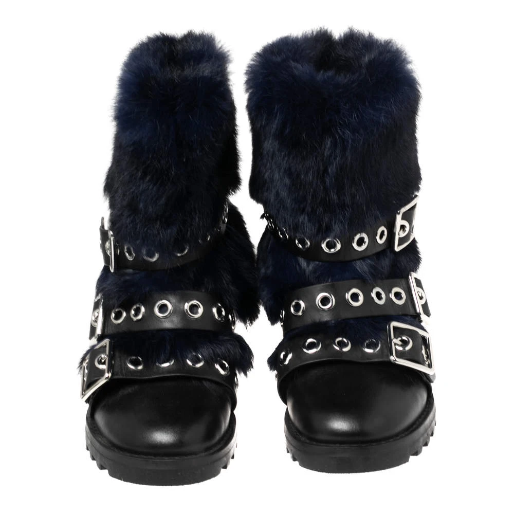 Marc By Marc Jacobs Black/Blue Ricky Rex Rabbit Fur And Leather Buckled Moto Boots Size 35.5 For Women 3 Marc By Marc Jacobs Black/Blue Ricky Rex Rabbit Fur And Leather Buckled Moto Boots Size 35.5 For Women - Image 3