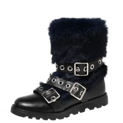 Marc By Marc Jacobs Black/Blue Ricky Rex Rabbit Fur And Leather Buckled Moto Boots Size 35.5 For Women