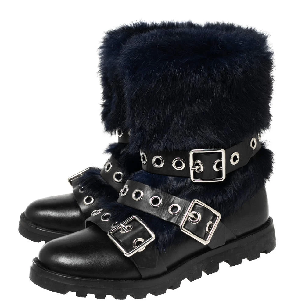 Marc By Marc Jacobs Black/Blue Ricky Rex Rabbit Fur And Leather Buckled Moto Boots Size 35.5 For Women 4 Marc By Marc Jacobs Black/Blue Ricky Rex Rabbit Fur And Leather Buckled Moto Boots Size 35.5 For Women - Image 4