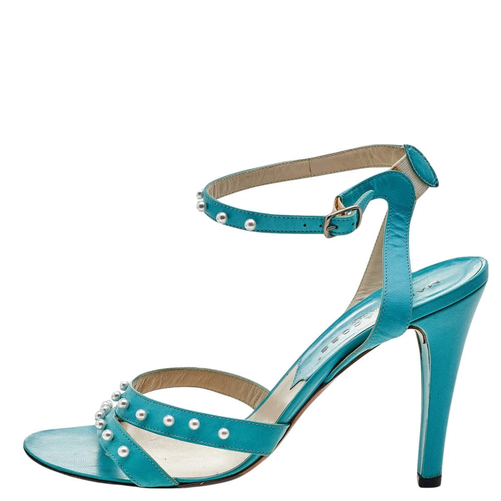 Marc Jacobs Blue Leather Embellished Ankle Strap Sandals Size 38 For Women 2 Marc Jacobs Blue Leather Embellished Ankle Strap Sandals Size 38 For Women - Image 2