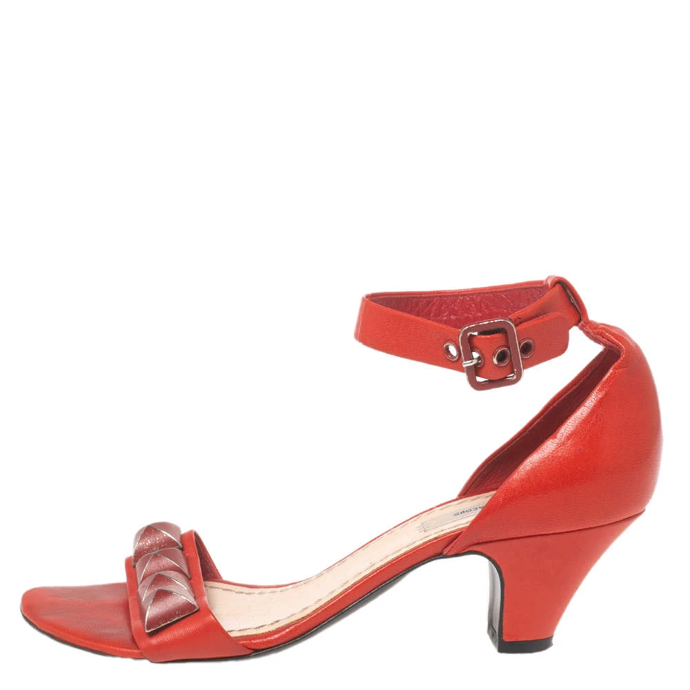 Marc Jacobs Red Leather Studded Ankle Strap Sandals Size 37 For Women 2 Marc Jacobs Red Leather Studded Ankle Strap Sandals Size 37 For Women - Image 2