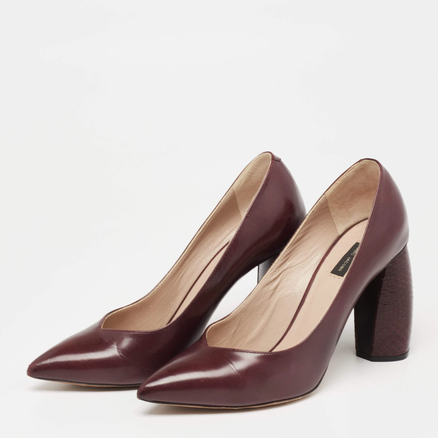 Marc Jacobs Burgundy Leather And Python Embossed Pointed Toe Block Heel Pumps Size 35 For Women 2 Marc Jacobs Burgundy Leather And Python Embossed Pointed Toe Block Heel Pumps Size 35 For Women - Image 2