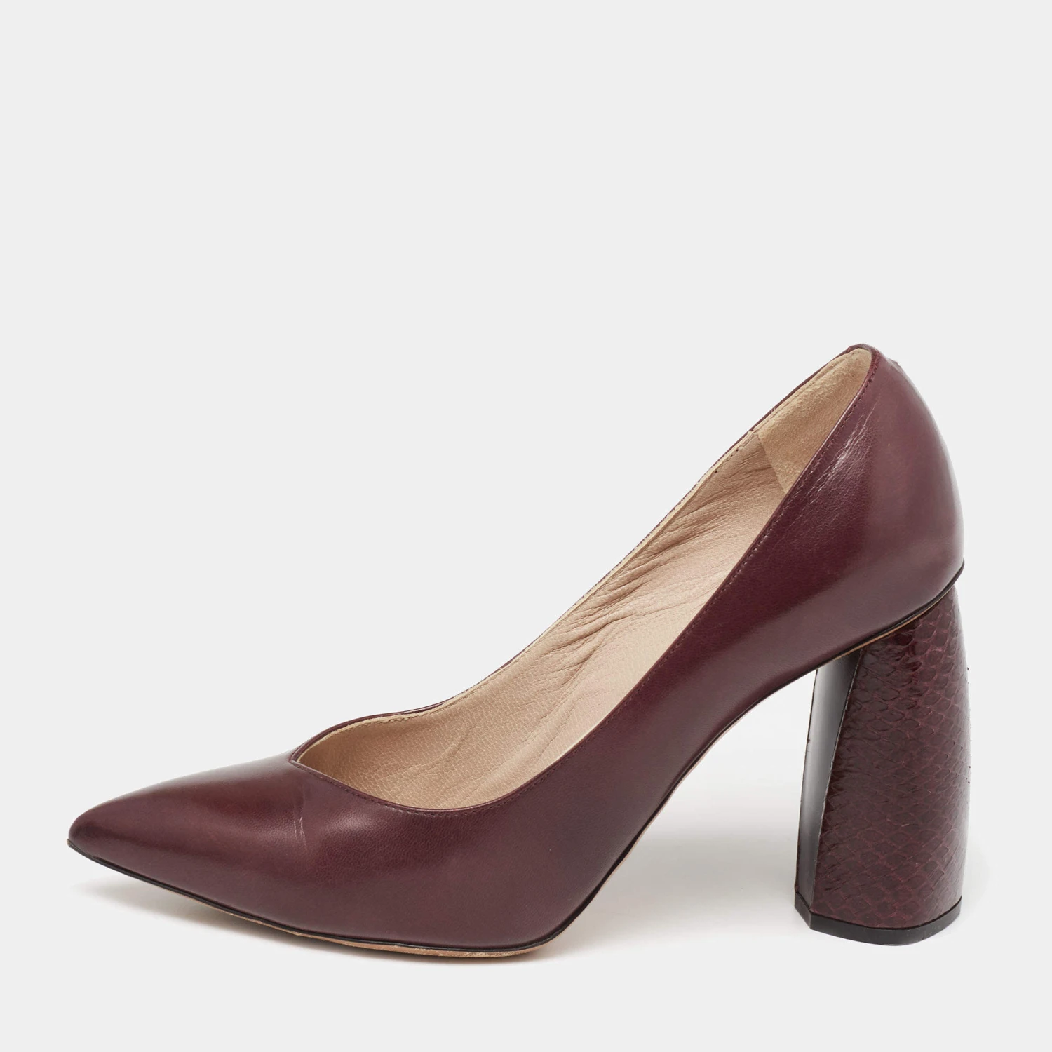 Marc Jacobs Burgundy Leather And Python Embossed Pointed Toe Block Heel Pumps Size 35 For Women 1 Marc Jacobs Burgundy Leather And Python Embossed Pointed Toe Block Heel Pumps Size 35 For Women